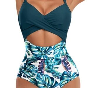 Eomenie One Piece Swimsuit Extra Small Teal Tropical Print Cutout High Waist